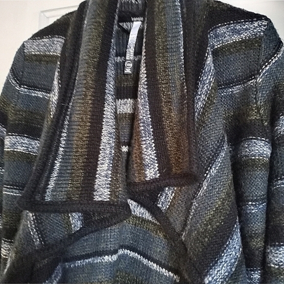 Kensie Cardigan Sweater Oversized Rib-Knit Collar Striped Drapey Open Front - Picture 11 of 13